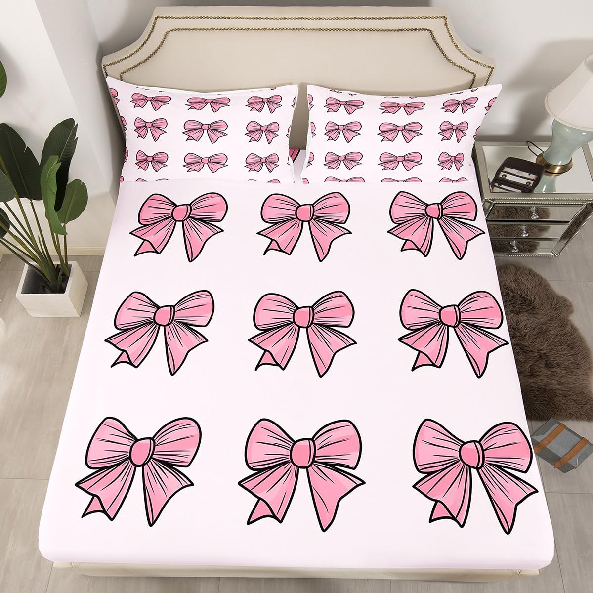 Erosebridal Kids Bow Fitted Sheet Queen Size for Kids Teens Adults,Pink Kawaii Bowknot Bed Sheets,Dreamy Princess Bedding Set,Fantasy Bed Set with 2 Pillowcases Deep Pockets,no Flat Sheet