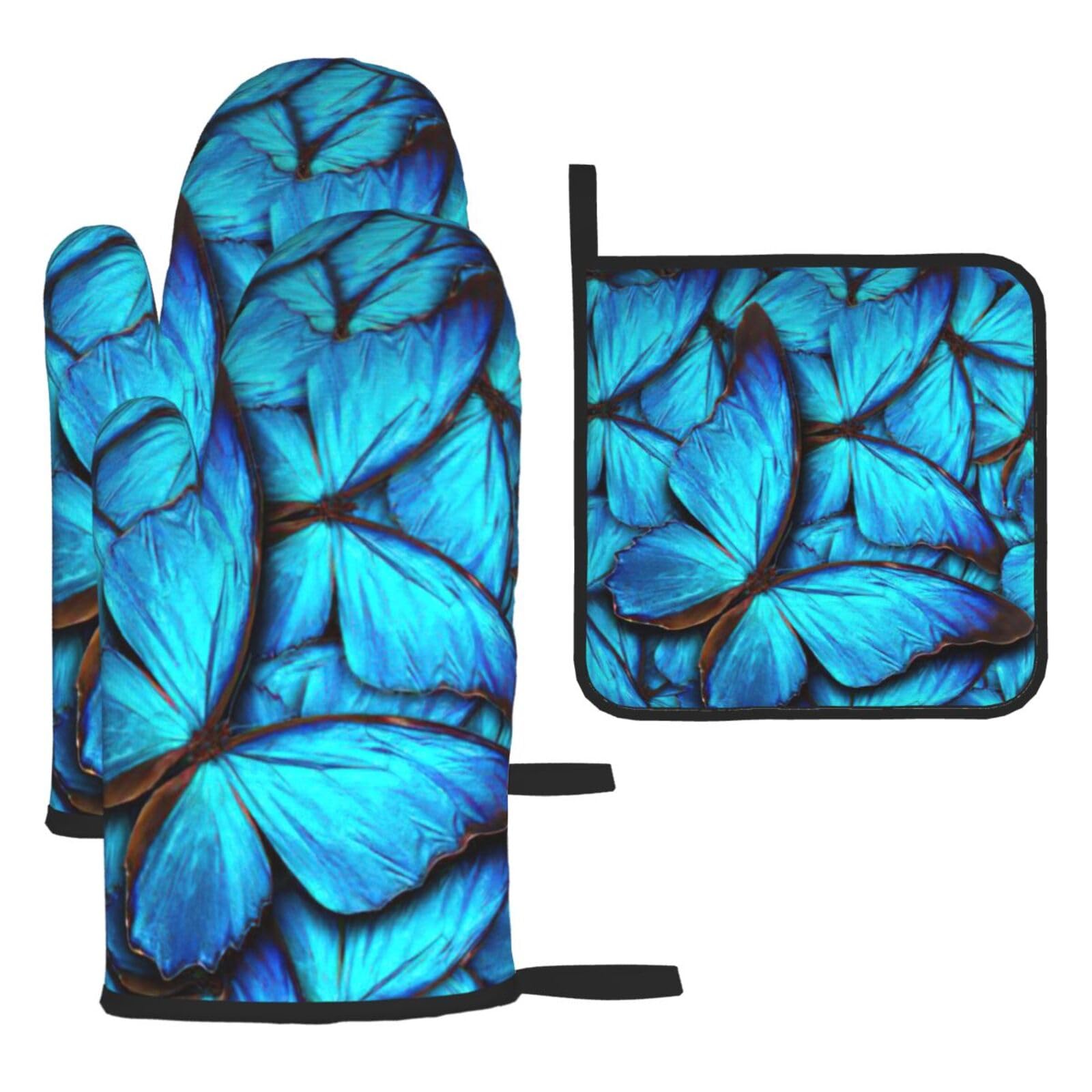Many Blue Butterfly Print Oven Mitts Kitchen Gloves Set Everyday Baking Grilling Microwaving Cooking Gift