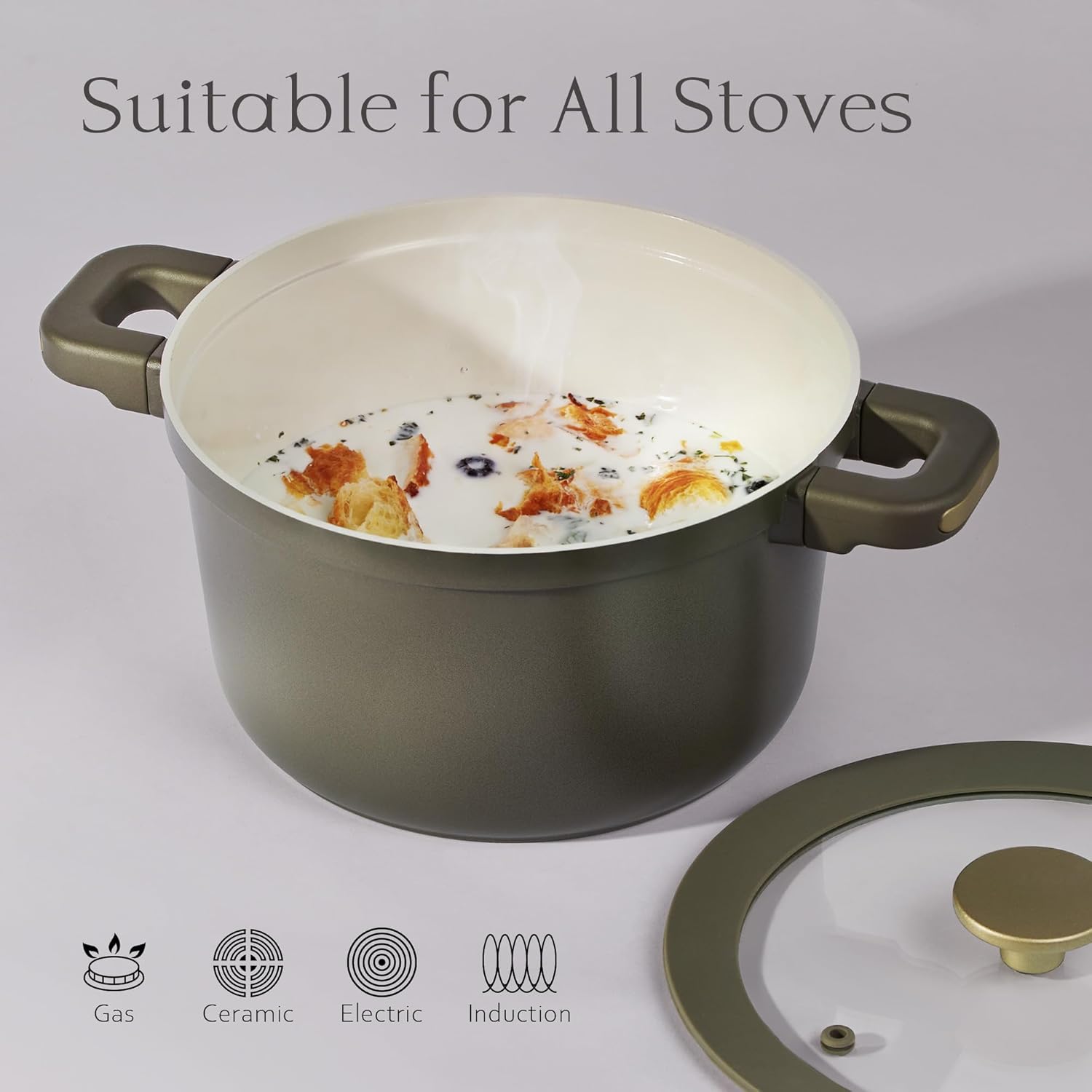 CAROTE Pots and Pans Set Nonstick, Ceramic Cookware Set with Detachable Handles, 5.5QT/3QT/2QT Non stick Stock Pot, Non-toxic Induction Cookware PFAS and PFOA Free, Olive Gree