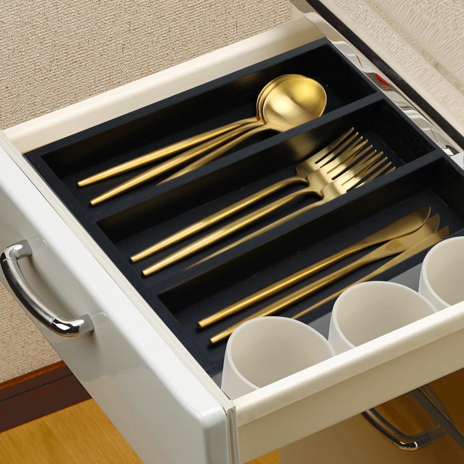 Small Silverware Drawer Organizer Kitchen Utensils Bamboo Cutlery Tray Narrow Flatware Organizer For Drawer Skinny Spoon Fork Holder Drawers Slim Silverware Tray Black Flatware Cutlery Organizer