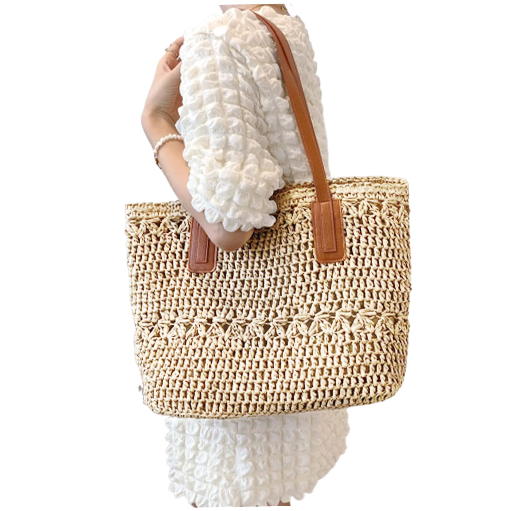 Stroh-Strandtasche für Damen, Sommer-Urlaubstasche, große Kapazität, Strandtasche, gewebte Schultertasche für Urlaubsutensilien, Stroh