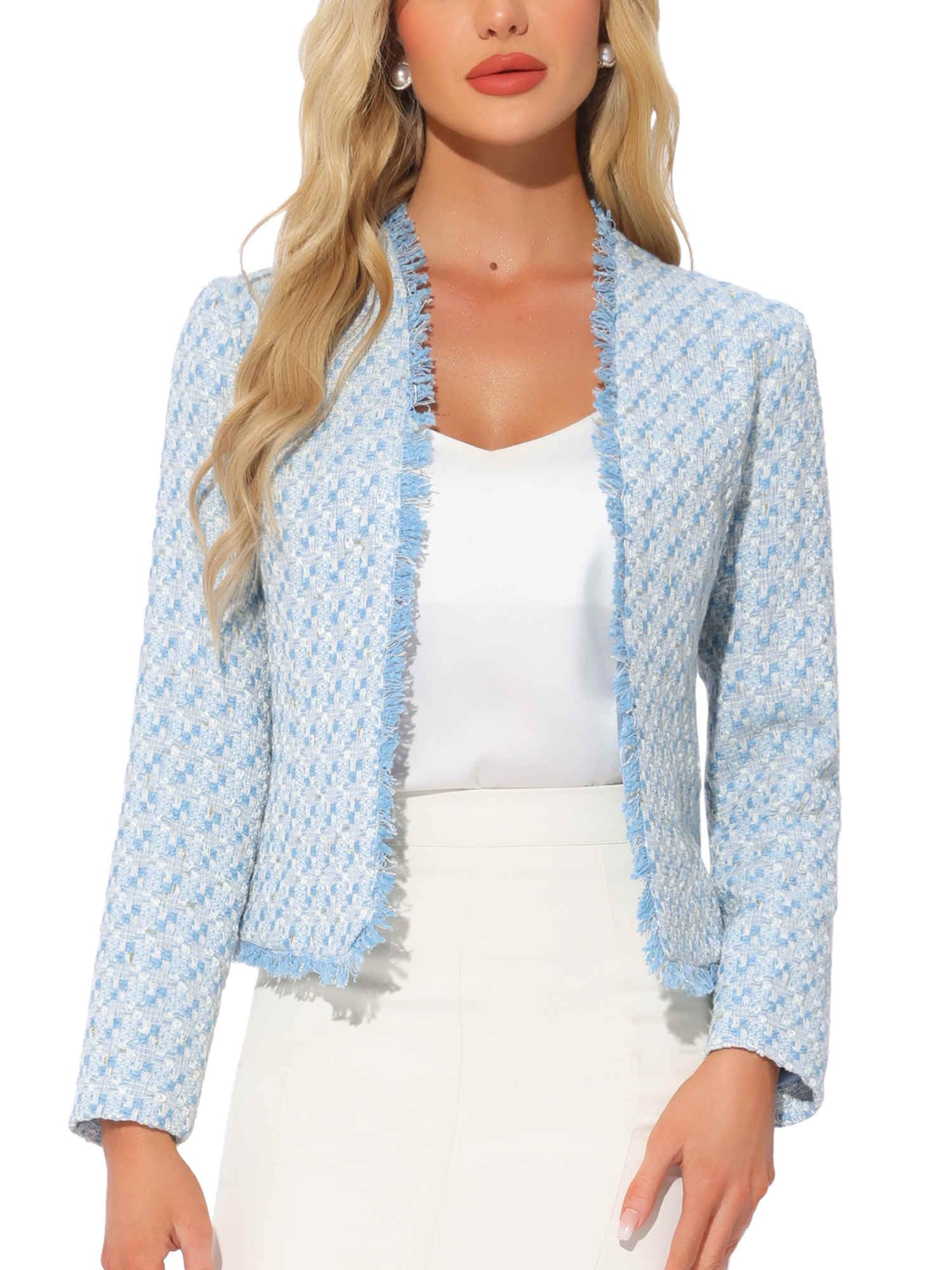 Allegra K Plaid Tweed Blazer for Womens Long Sleeve Open Front Work Office Jacket