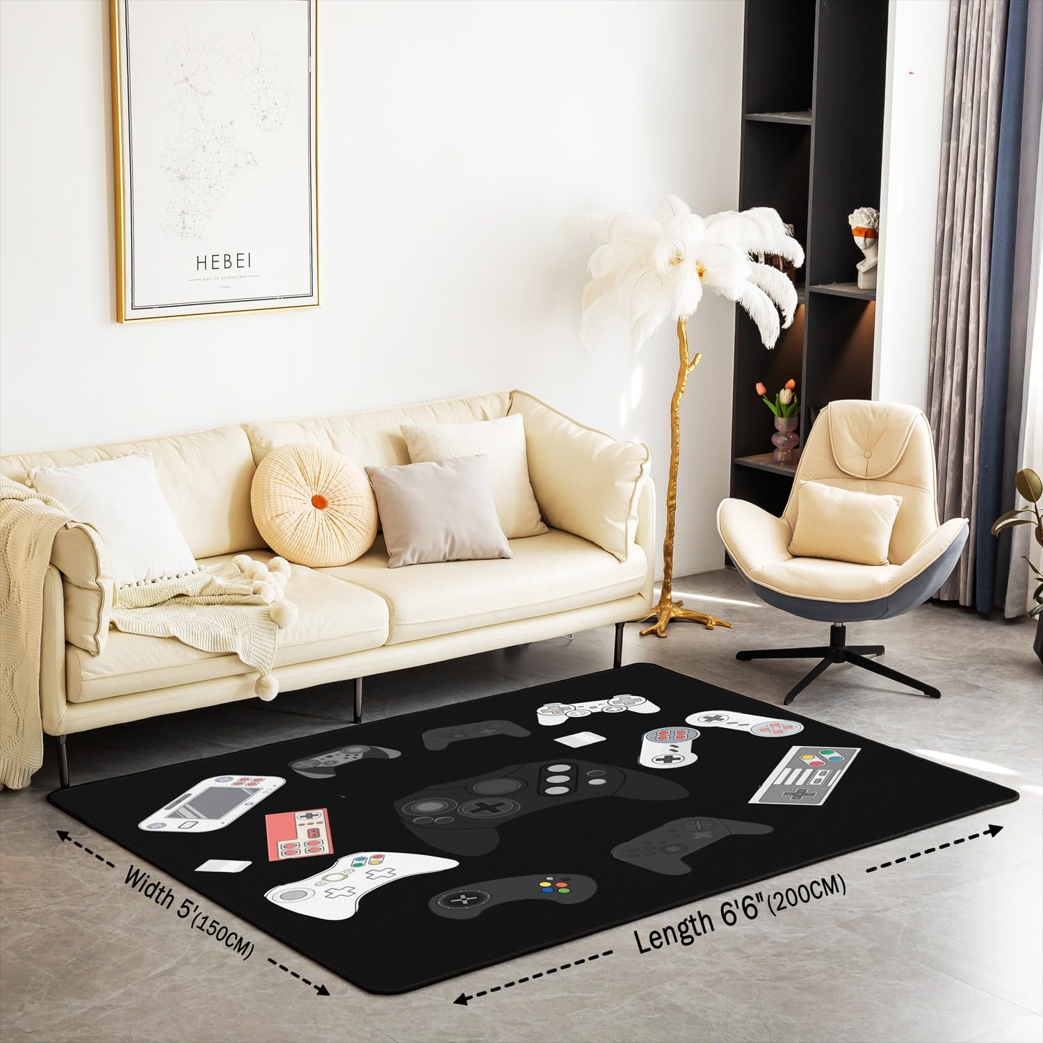 Loussiesd Dywan do gier, gamepad dekoracyjny dywan dla gracza, dekoracja pokoju gier, nowoczesny kontroler konsoli do gier, czarna, mata podłogowa, 100 x 150 cm