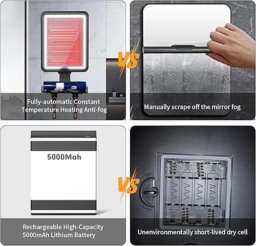 Miniatura 7 de Espejo de ducha sin niebla para afeitar, espejo de ducha calentado con 3 luces de color que atenúan 9.5 x 8 pulgadas, espejo de ducha de afeitado,