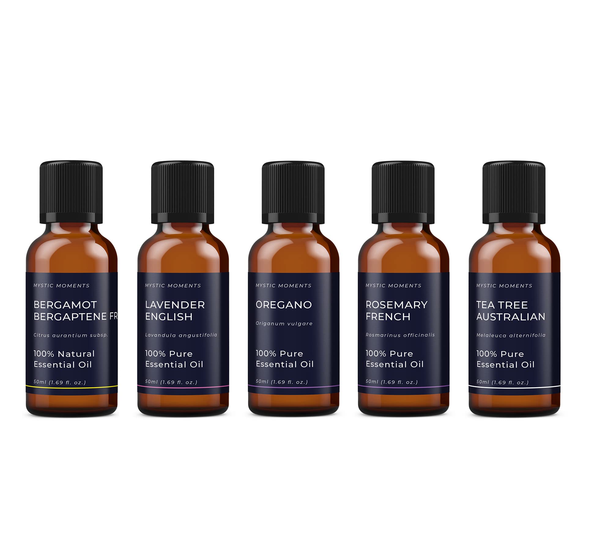 Mystic Moments | Reine Haut Ätherische-Öle Geschenk-Starterset | 5 x 50ml Rein Aromatherapieöle – Teebaum Melaleuca alternifolia, Lavendel Lavandula angustifolia, Zitrone, Geranie & Weihrauch
