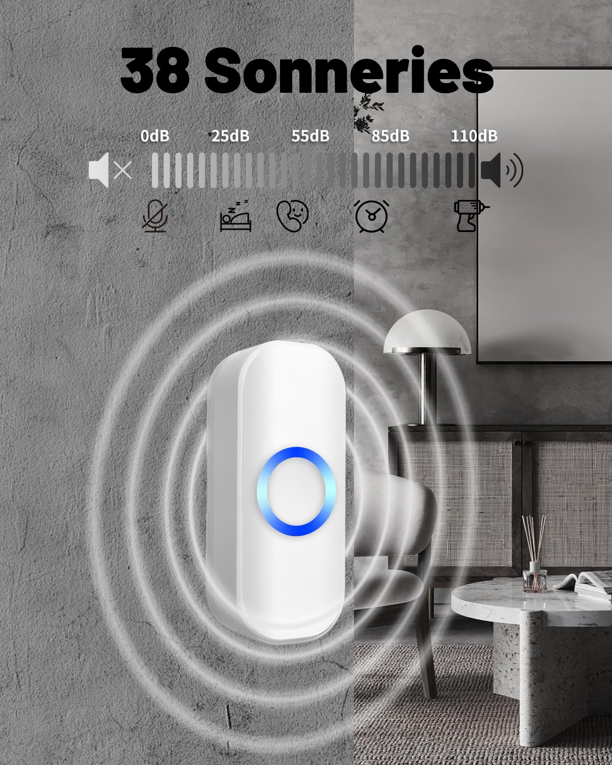 Jeatone Campanello Senza Fili da Esterno Impermeabile IP44,Portata 150M,4 Livelli Volume 32 Melodie,Campanello Wireless Esterno per Casa, Ufficio,Indicatori LED,1 Trasmettitore Pulsante e 1 Ricevitore