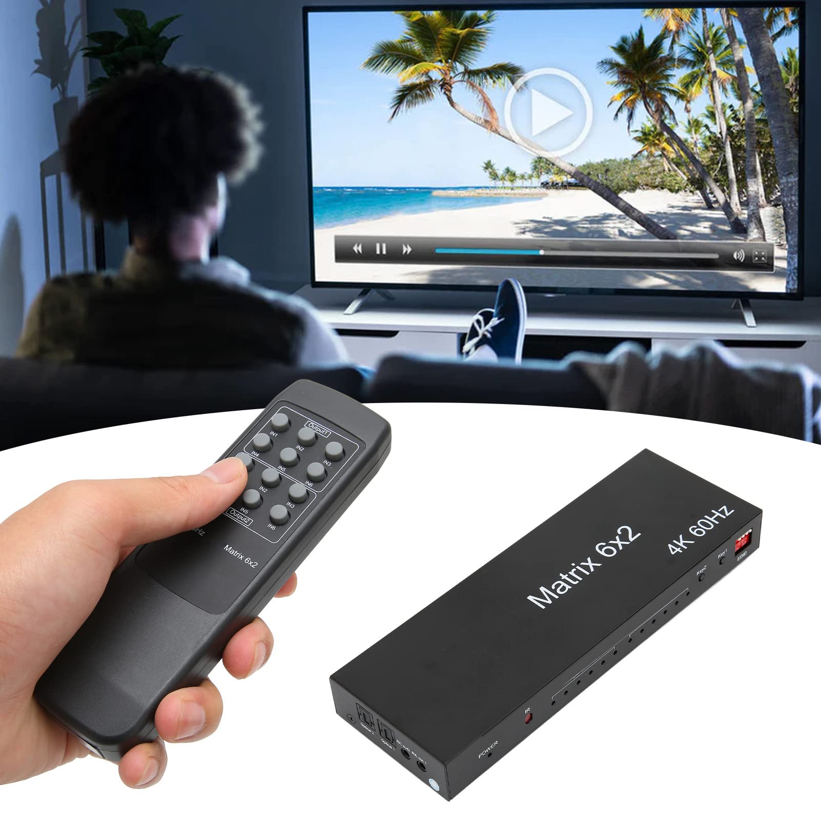 Annadue a Matrice HDMI 6x2,4K HDMI Switcher Splitter 6 in 2 out Box, Supporta Fino a 4K a 60 Hz, EDID, 3D, HDCP 2,2, 3,5 Mm + Uscita Ottica, Telecomando(EU)