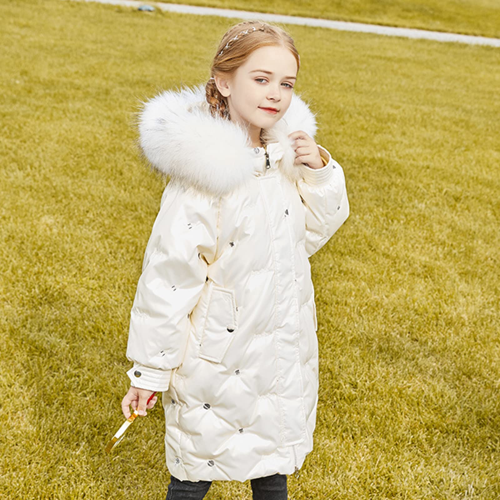 Piumino D'Anatra Bianca con Cappuccio Invernale per Bambini di Media Lunghezza Giacca Calda da Bambina Modello Spaziale Dolce Ed Elegante Grande Pelliccia Lucida,Pink,7T(130CM)