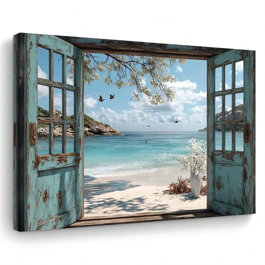Tableau déco mer plage tropicale et cadre bleu vieilli style rustique pour intérieur