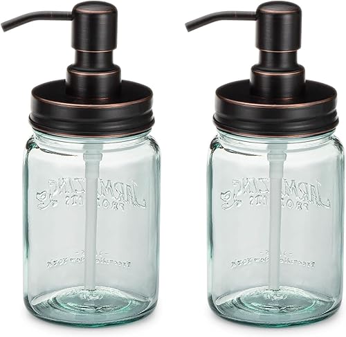 Miniatura 8 de Jarmazing Products Dispensador de jabón y loción en tarro de vidrio azul vintage, paquete de dos unidades, bronce aceitado