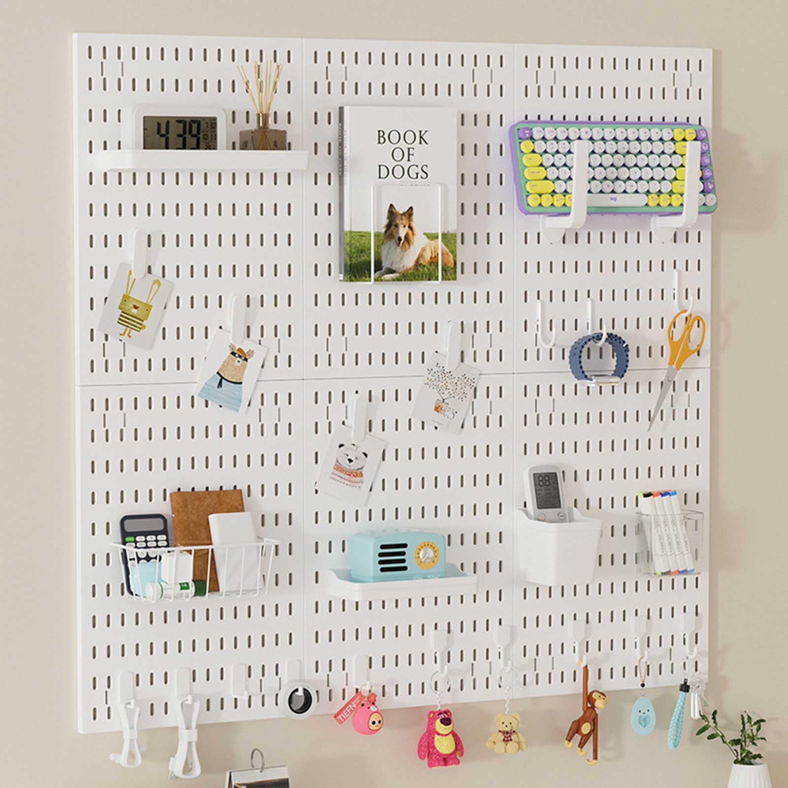 Kit combinato di 4 pannelli forati, organizer da parete con bidoni, ripiani e ganci, per artigianato, organizzazione, ornamenti, esposizione, vivaio, 30 cm