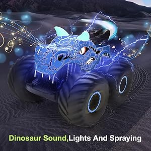 Onadrive Remote Control Monster Truck - 2.4GHz Dinosaur RC Car Toys for 3-8 Years Old Boys Kids, All Terrain Truck Off Road with Spray Water, Light, Rechargeable Battery, Christmas Birthday Gifts