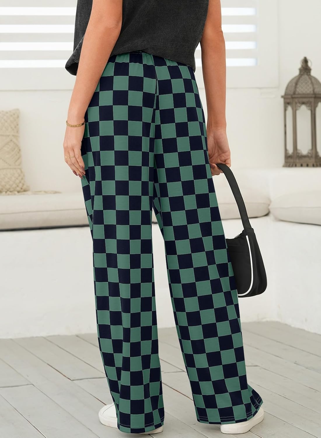 BLENCOT Womens Casual Checkered Pants for Maternity Elastic Waist Wide Leg Pants Grid Pregnant Trousers with Pockets - Image 8