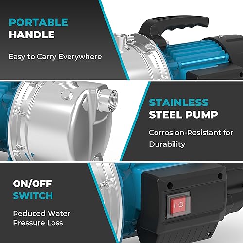 Miniatura 3 de BOMGIE Bomba de pozo poco profundo de 1.6 HP portátil, bomba de jardín 1320 GPH, bomba de transferencia de agua de acero inoxidable 110 V máx.