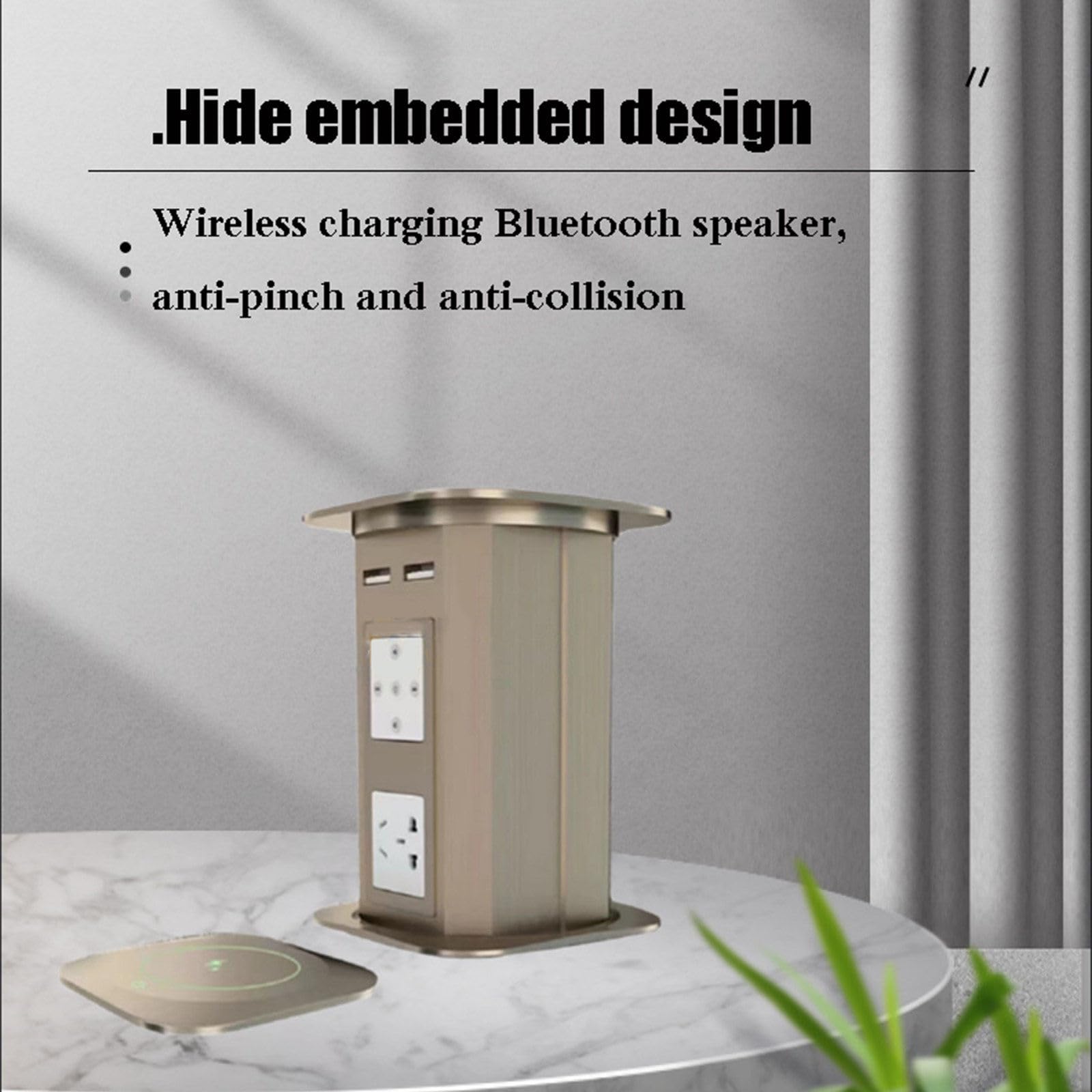 Presa Pop-up Estraibile con 2 USB, Ricarica Wireless, Altoparlante Bluetooth per Piano di Lavoro della Cucina, scrivania, casa e Ufficio,Metallic-B