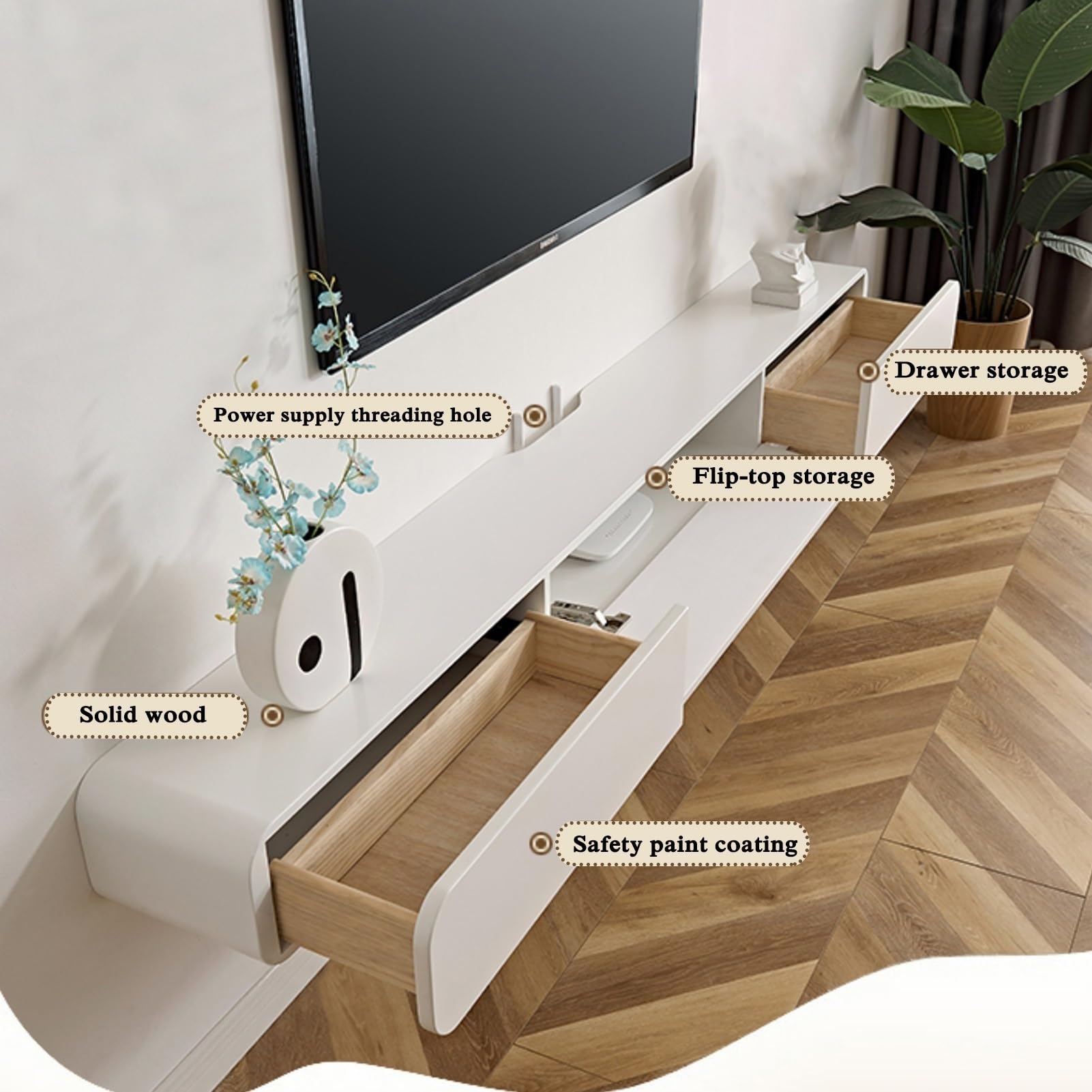 Moderner TV-Ständer zur Wandmontage mit Ablage, schwebender, glänzender Entertainment-Center-Medienkonsolentisch für das Wohnzimmer, Weiß und Gold, 200 cm