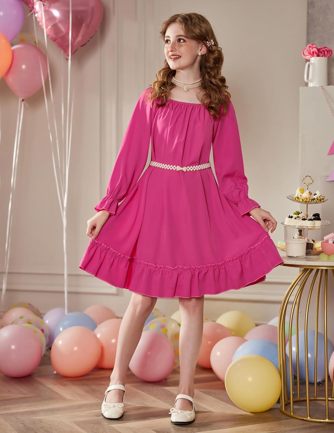 Arshiner Girls Long Sleeve Dresses Fall Party Formal Holiday Swing Flowy Ruffle Midi Dress - Image 6