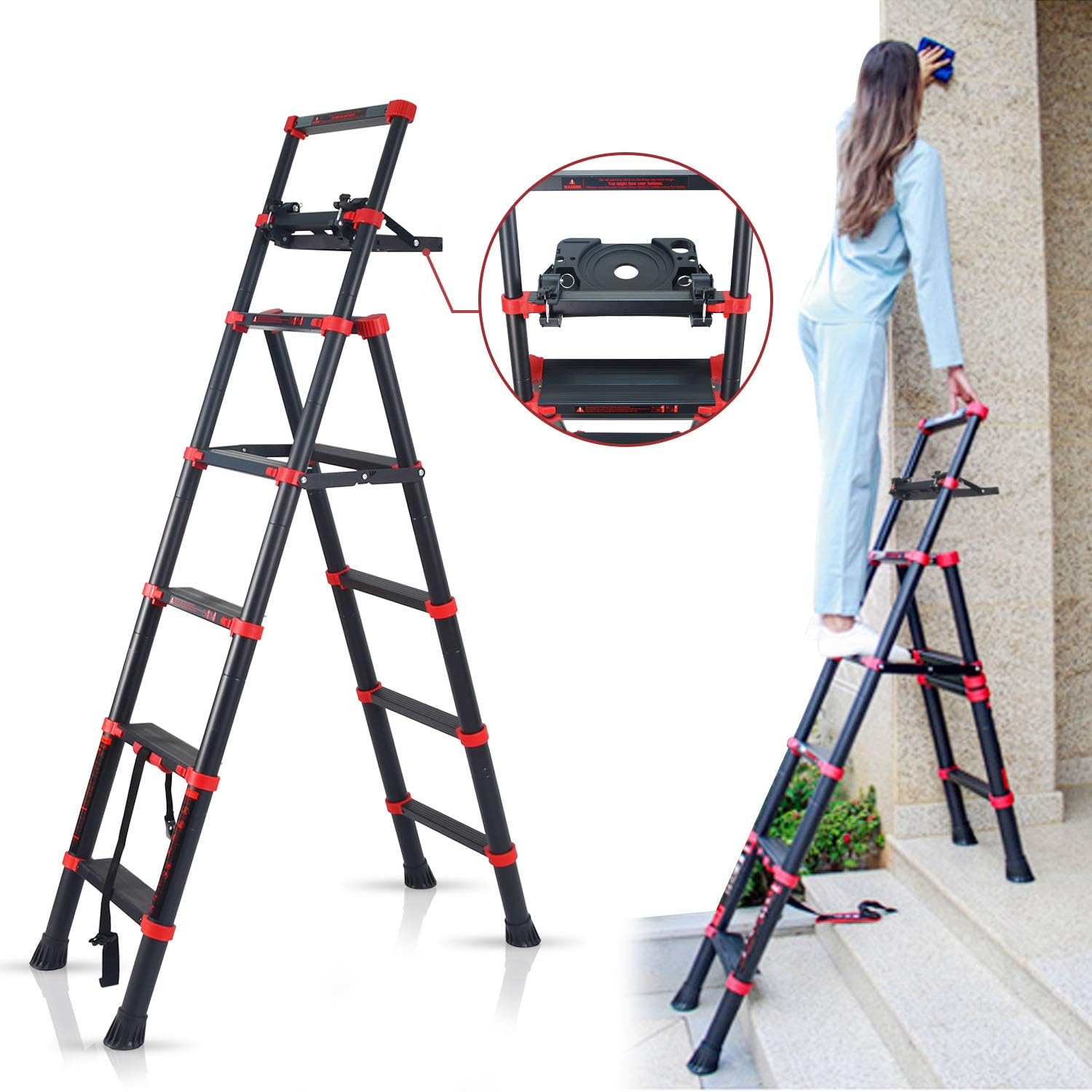 5+7 Step Ladders Telescopic Ladder with Aluminum 6 ft Tall Extendable Retractable Compact and Multi Position Ladder Telescoping Lightweight Portable Ladder Height-Locking Latches A-Frame