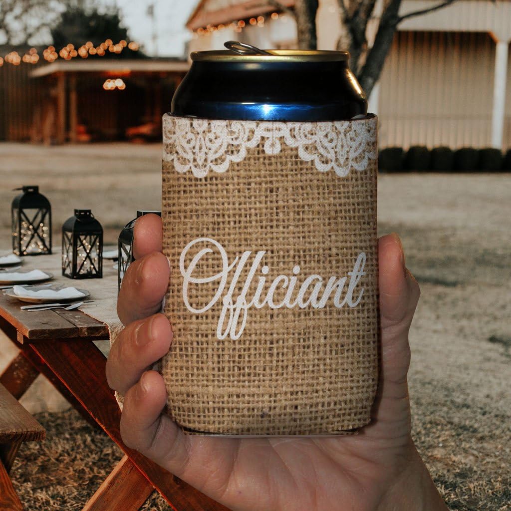 VictoryStore Burlap Rustic Wedding Party Can Coolers – Officiant Design – Foam Insulated Beverage Sleeves for 12-16 oz Cans & Bottles – Wedding Favors, Bachelorette Party Gifts