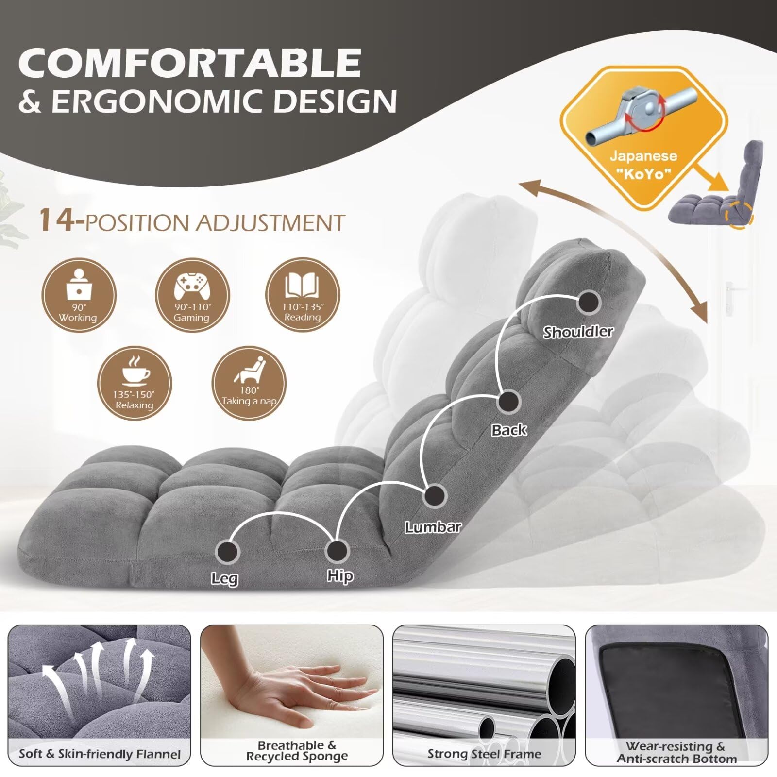 Silla plegable para juegos de suelo de 14 posiciones, acolchada y ajustable, con algodón transpirable y terciopelo coral agradable a la piel para adultos y niños, perfecta para leer, juegos, 4