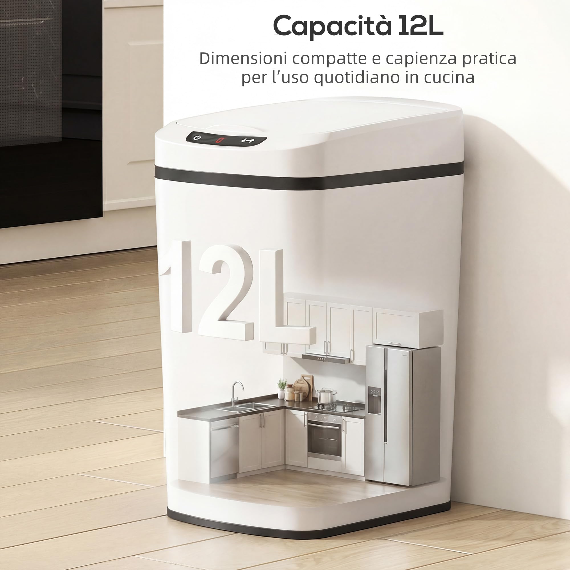 HOMCOM Cestino Pattumiera da 12L Sensore a Infrarossi 28x22x41 cm Bianco | Pulsante Touch, Secchio Rimovibile, Bidone per Immondizia, Acciaio Inox, ABS e PP
