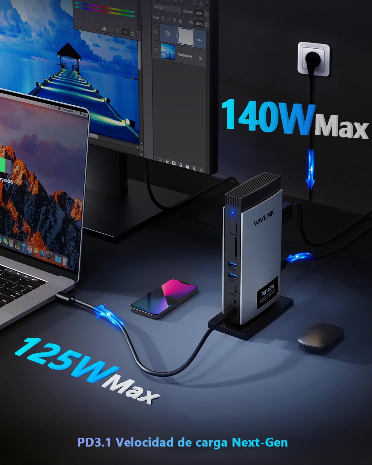 WAVLINK Docking Station Triple Pantalla (1 * 8K@30Hz/4K@144Hz) 2*DP, HDMI | USB C Dock 125W PD3.1 Pass-Through, Ethernet, SD/TF, para Windows