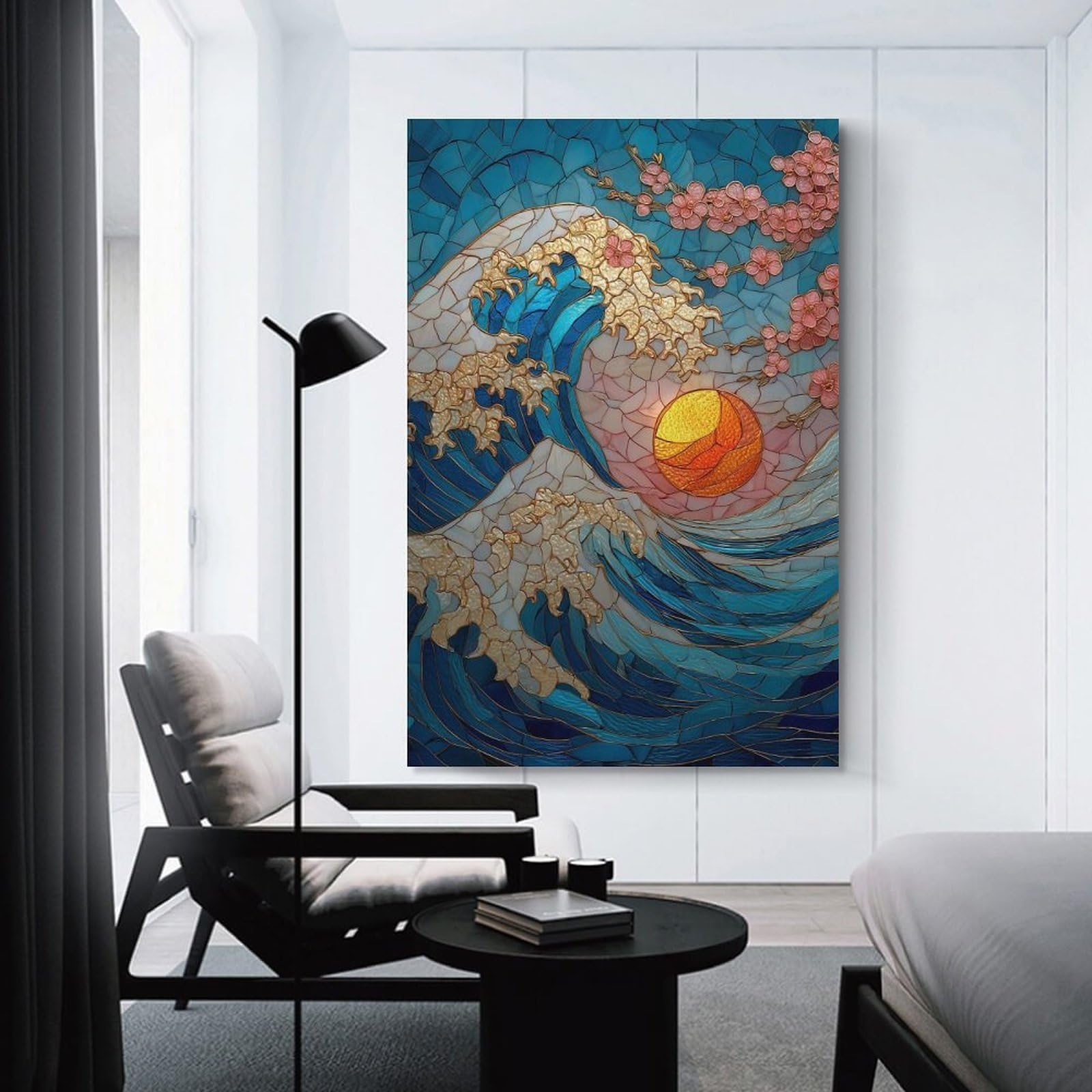 Junmoney Unframe-Style-23 Mosaic Wave With Cherry Blossoms Wall Picture Print, 20X30inch(50X75cm), For Wall Displays, Bedrooms Or Room Updates, Decorative Artwork With Flexible Styling