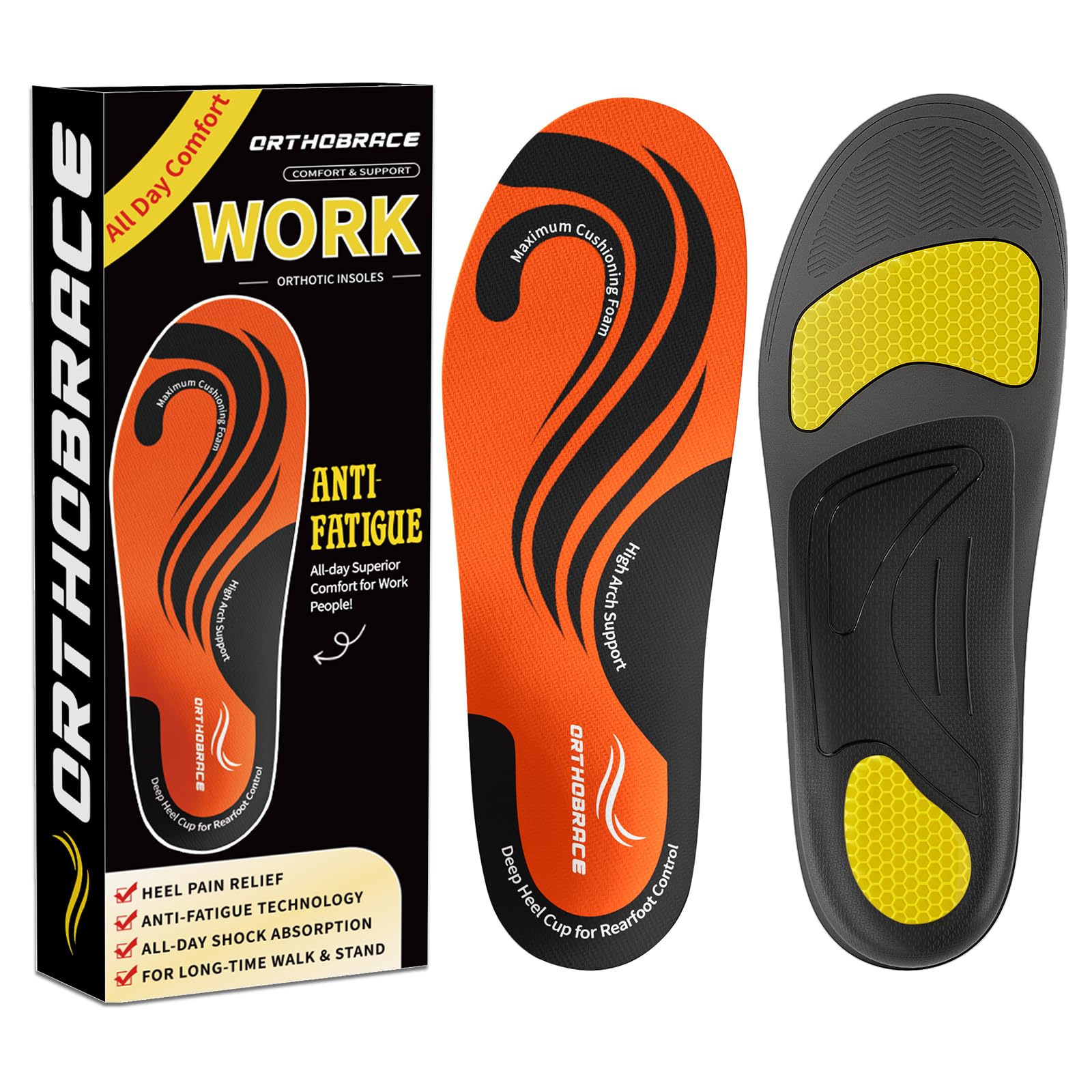 Work Orthotic Insoles for All Day Comfort, Anti Fatigue High Arch Support Shoe Inserts Men Women for Relieve Foot Pain,Plantar Fasciitis,Work Boot