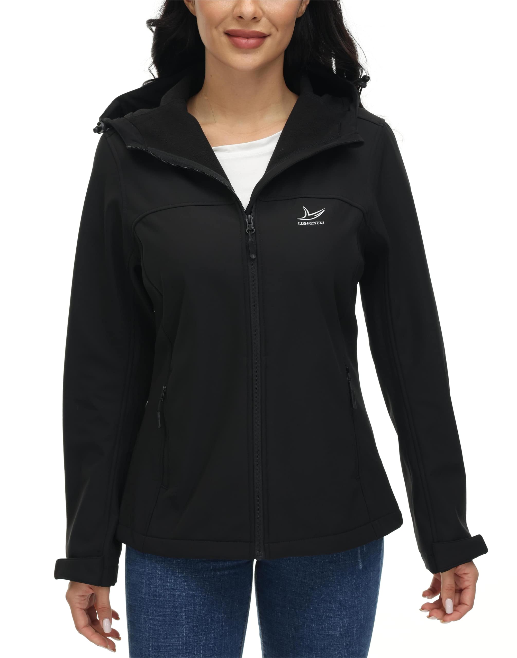 Photo 1 of LUSHENUNI Women's Soft Shell Fleece Lined Jacket Lightweight Waterproof Hooded Windbreaker Winter Warm Jacket Outdoor Travel Black X-Small