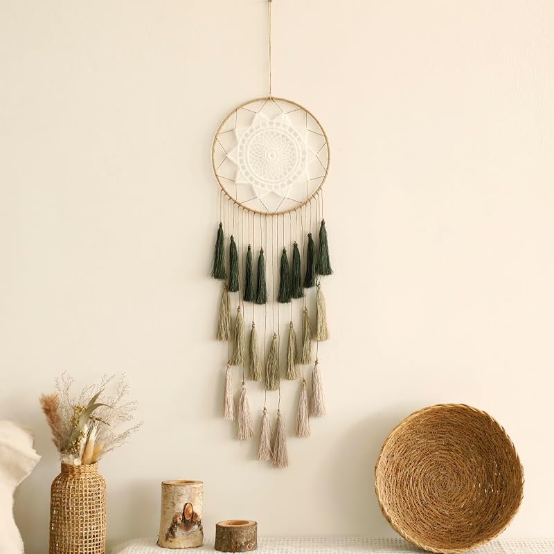 Artilady Dream Catcher Macrame Wall Hanging, Boho Large Green Bedroom Decor | Handmade Tassel Feather Ornament, Natural Cotton Fringe, Modern Chic Living Room Nursery Apartment Decor for Women Girls