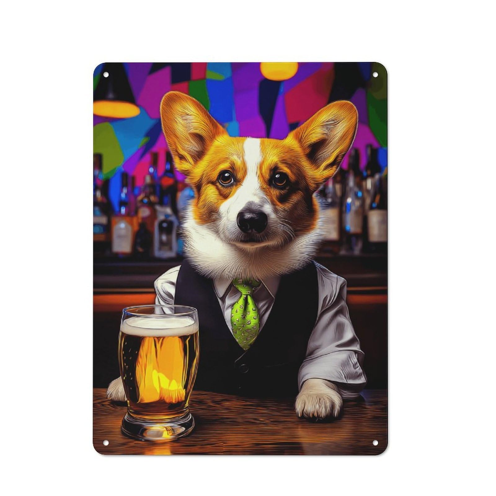 Junmoney Corgi In Suit Enjoying A Beer -1 Old Style Metal Wall Decor 40X30cm, Decorative Tin Plaque For Cafe, Pub, Workshop Or Home Bar