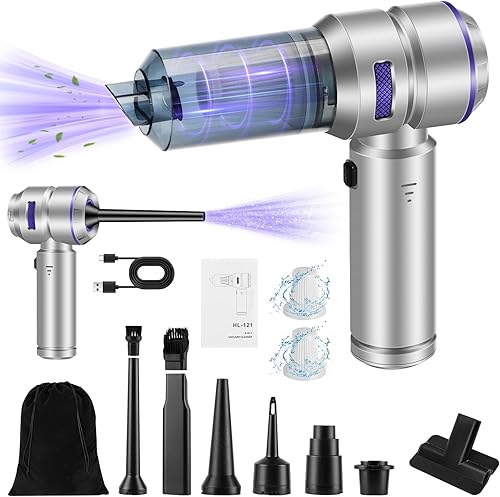 Aspirador De Pó Portátil Sem Fio Para Carro - 18000Pa Alta Potência Com Motor Escova, 4 Em 1, Soprador, Bomba E Mini Recarregável Carro, Casa Escritório (Cinza Prateado + Azul)