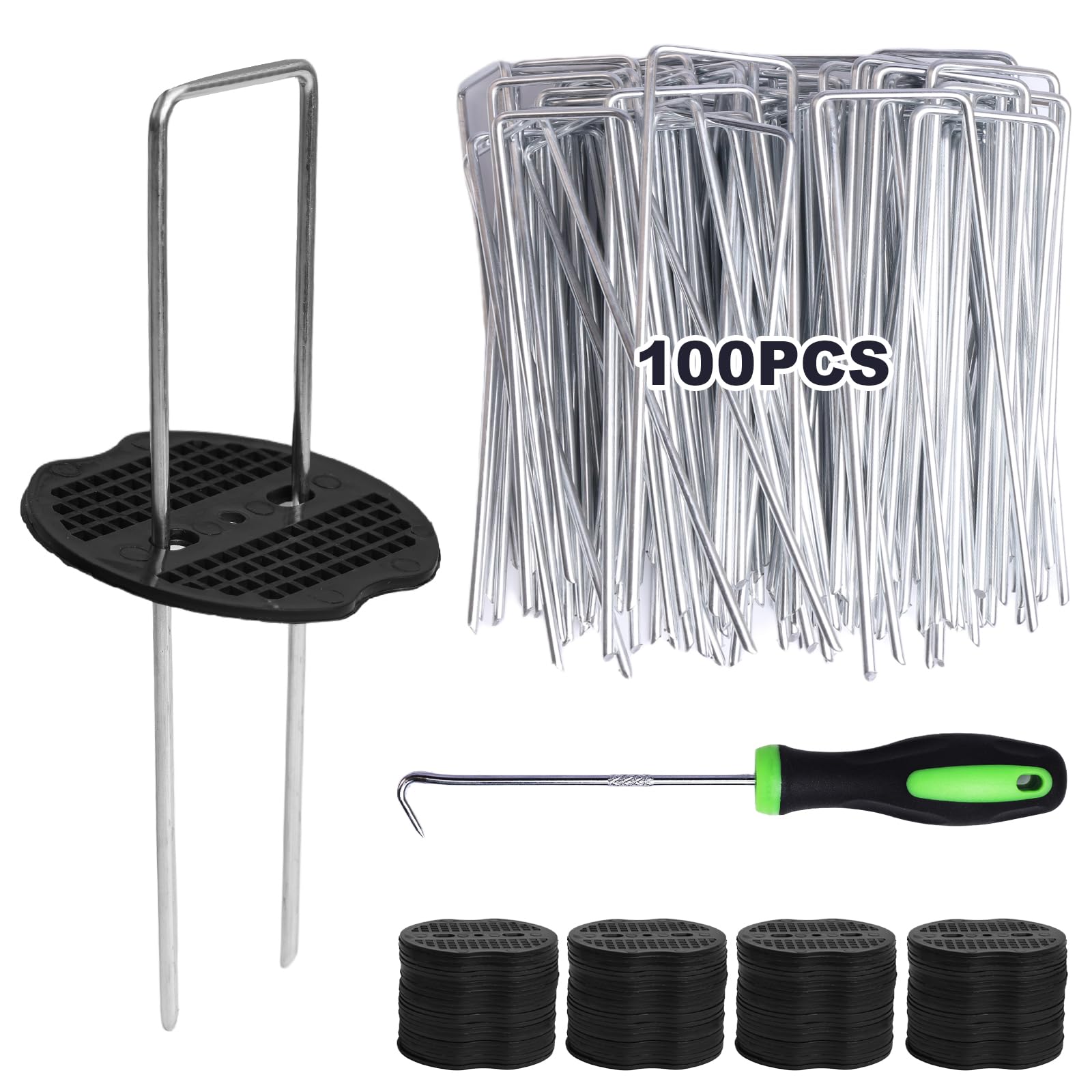 DGSL 100 Weed Control Membrane Pegs + 100 Buffer Washers & Pick Hook, 6 Inch 150mm Heavy Duty U Shaped Metal Ground Staples for Artificial Grass and Weed Barrier