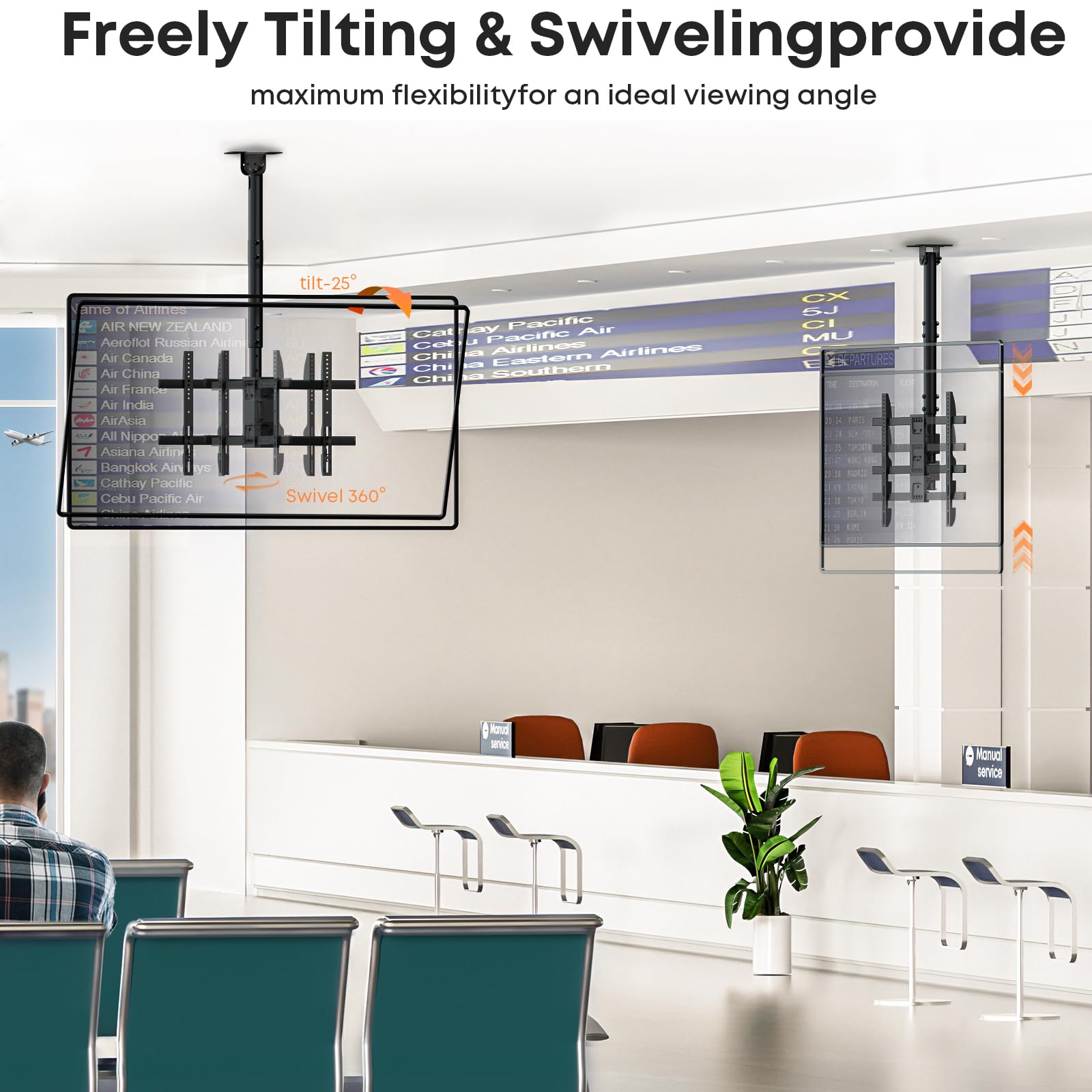 Soporte TV Techo para, Ajustable e inclinable – Compatible con la mayoría de los televisores de 43 a 86 Pulgadas, Soporte de Techo Full-Motion, soporta hasta 60 kg, Compatible con VESA 600 x 400 mm