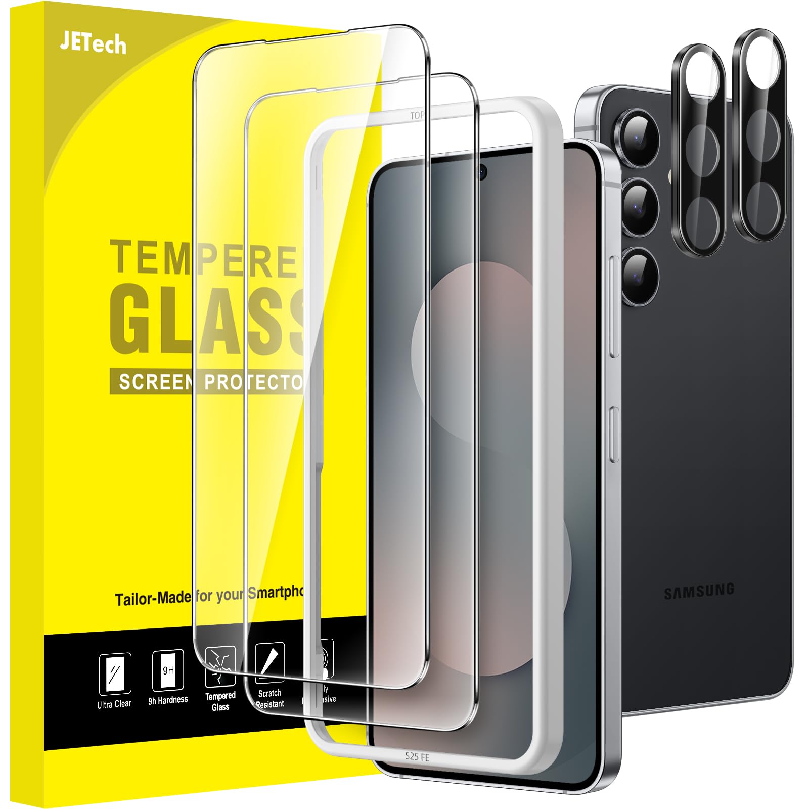 JETech Schutzfolie für Samsung Galaxy S25 FE mit Kameraschutz, 9H Gehärtete Glas Displayschutz mit Einfachem Installationswerkzeug, Fingerabdruck ID Kompatibel, HD Klar, 2 Stück Jeweils