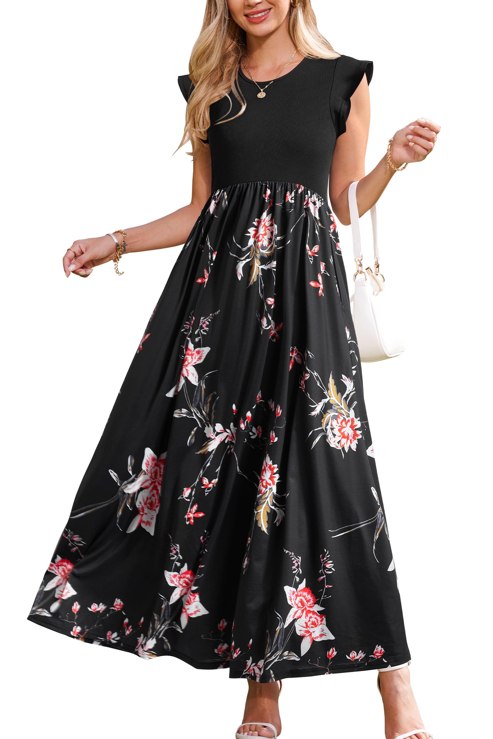 OUGES Women 2026 Spring Summer Maternity Dresses Sleeveless Ribbed Casual Outfits Maxi Nursing Dress with Pockets — view 8