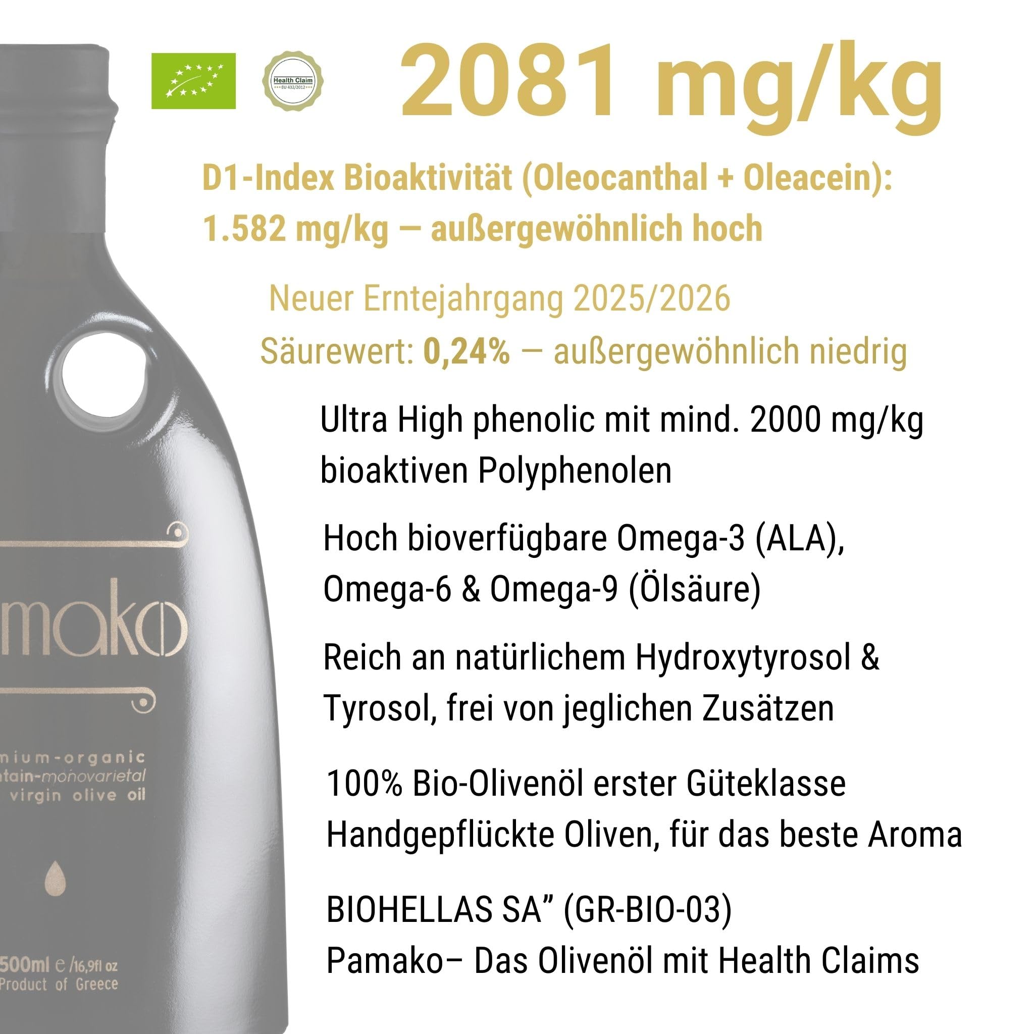 PAMAKO Bio Olivenöl Natives Extra 500ml Monovarietal 100% Tsounati — Griechisches Olivenöl Kreta, kaltgepresst — 2081 mg/kg Polyphenole hochphenolisch — 20 Goldmedaillen NYIOOC LODO HYPERVOO