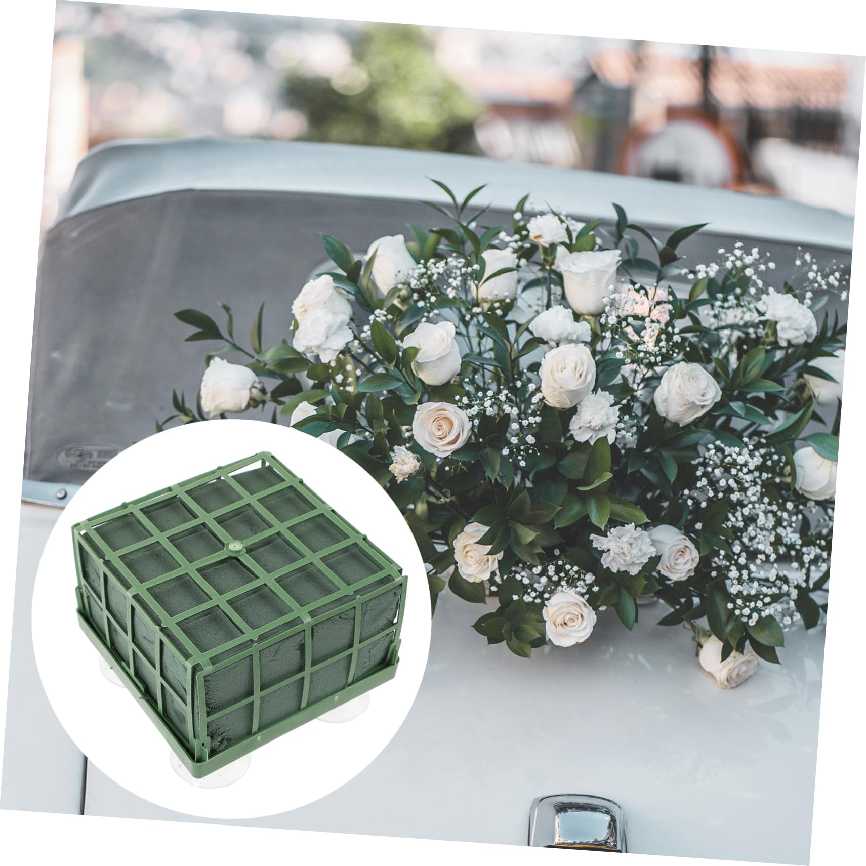 NUOBESTY Décoration de Mariage pour Voiture, Mousse Fleur Base à Ventouse, Plastique Vert, Lot de 3, pour Mariage et Fête | 4 Ventouses au Fond, Décoration de Mariage et Usage Floral, Support Carré pour Voiture