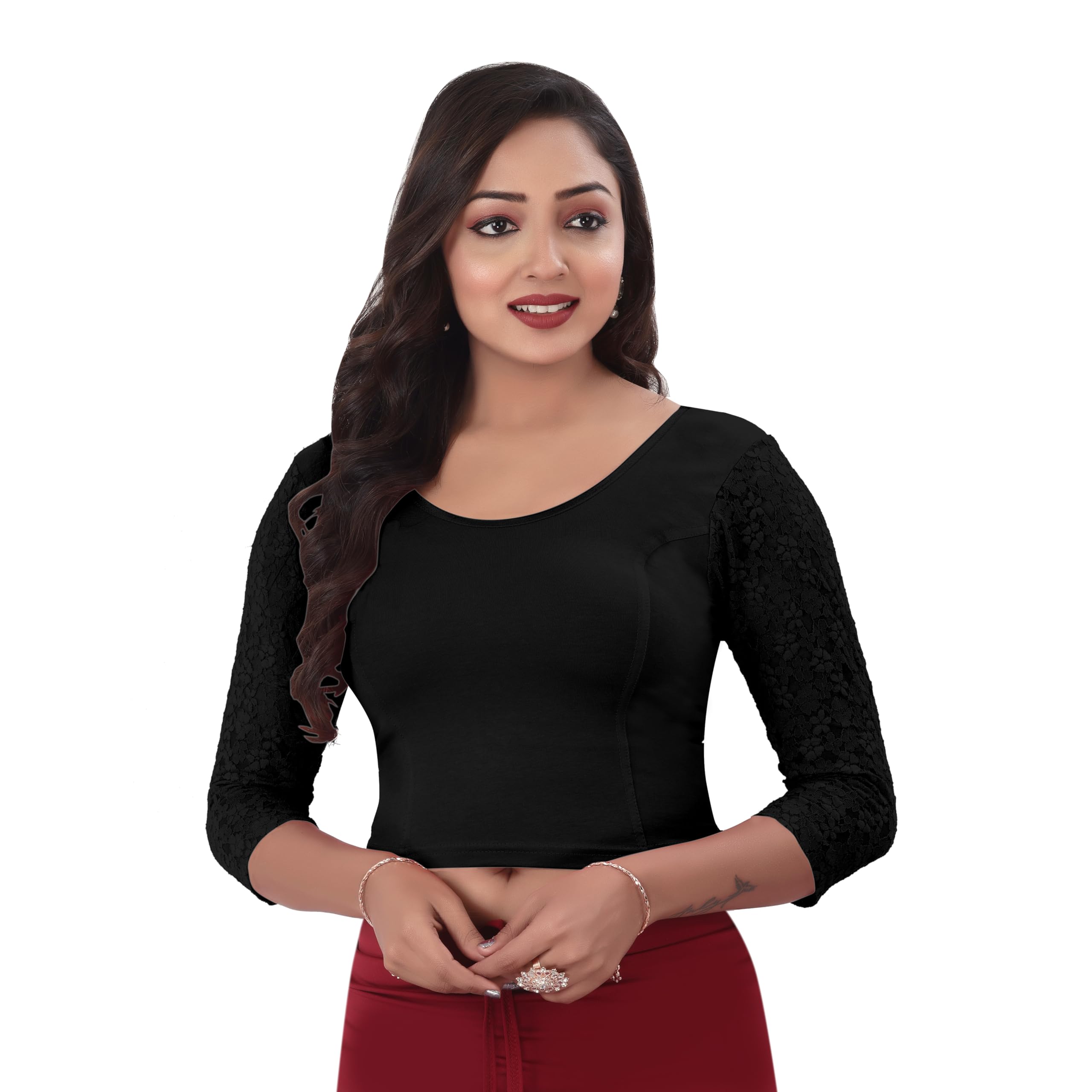 Round Neck Cotton Lycra Regular Fit Saree Blouse for Women | 3/4 Net Sleeve Readymade Stretchy Plain Design Festive Blouse Perfect for Saree, Lehenga, Kurti | 32 to 44-image-39