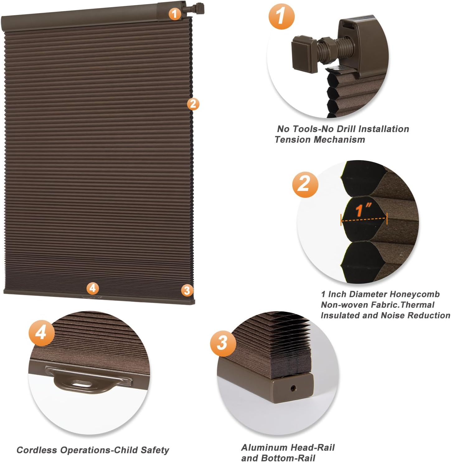 Persilux Cordless Cellular Shades No Tools No Drill Blackout Cellular Blinds for Windows (40.5" W X 80" H, Brown) Thermal Insulated Privacy 1" Cell Honeycomb Window Shades for Windows Home Bedroom