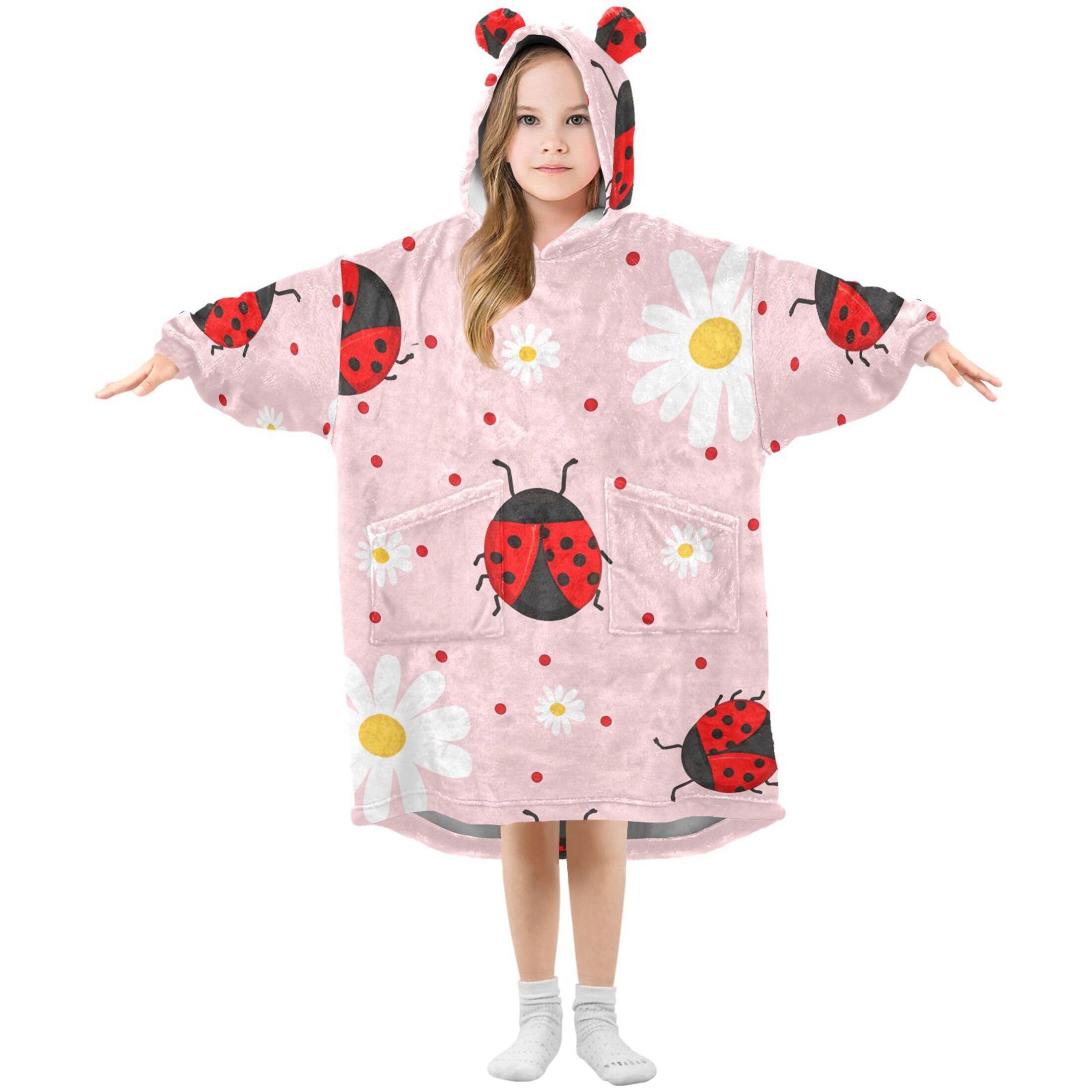 Sevdomey Cute Ladybugs Wearable Blankets for Kids Boy Girl, Hoodie Double-Layer Blanket Oversized Sweatshirt