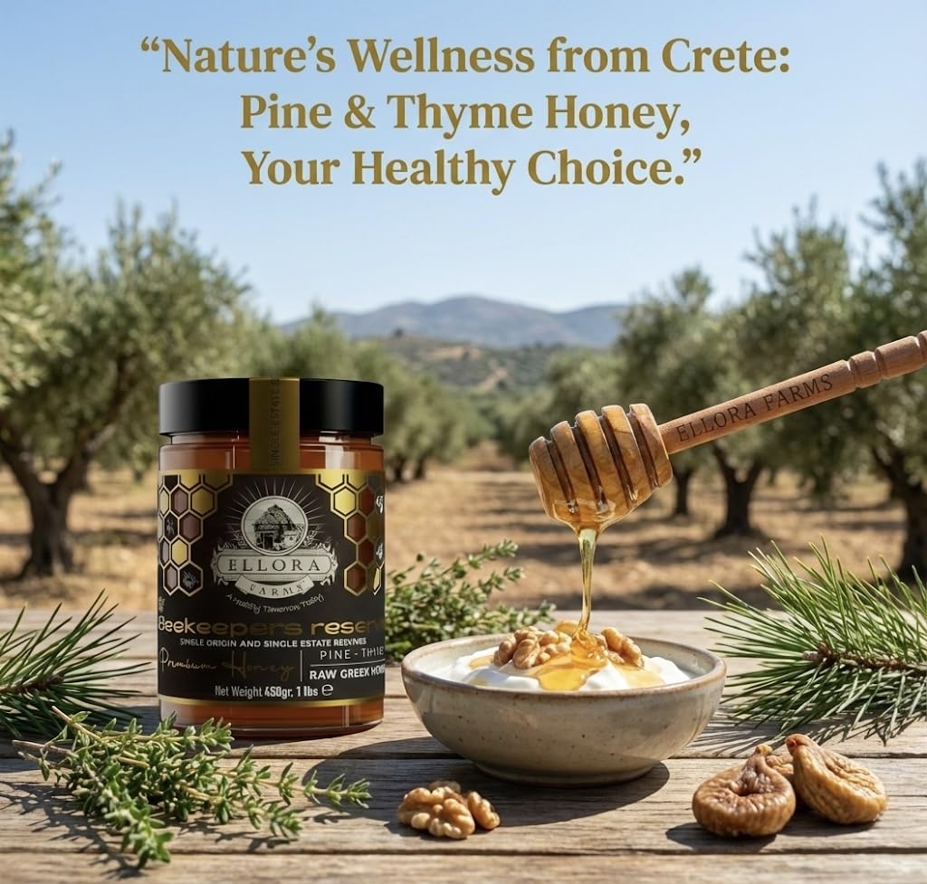Ellora Farms Single Estate PDO Raw Greek Honey, Pine & Thyme Raw Honey Unfiltered, Beautiful Gift Pack with Dipper, Beekeepers Reserve, Pure Raw & Unfiltered Cold-Pressed, Gluten Free - 450 g