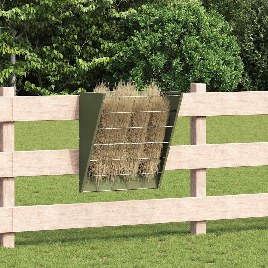 Comedero para heno colgante verde oliva de acero laminado en frío, 61 x 33 x 66 cm, capacidad de 5 kg, resistente a la intemperie, para interior y exterior, estable para animales pequeños