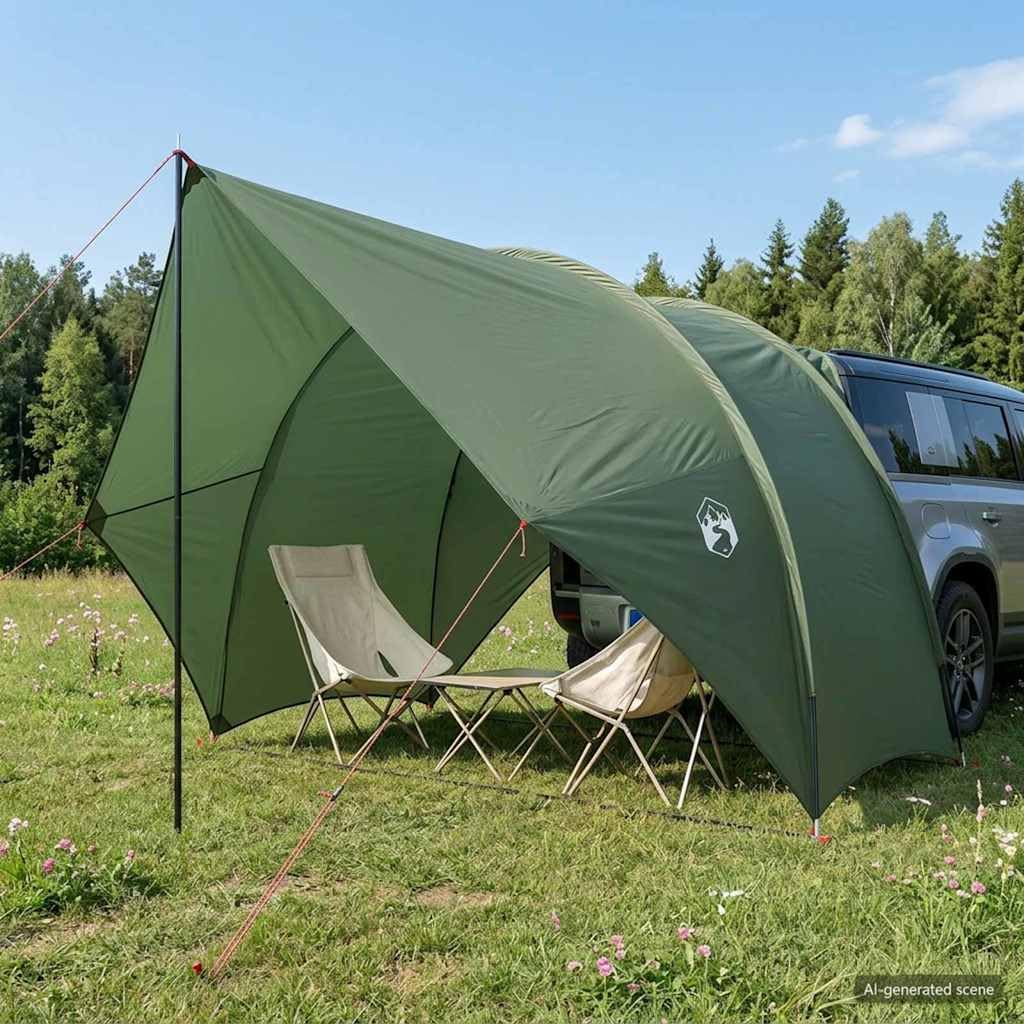 Heck-Awnings wodoodporna oliwkowa zieleń, 405 x 280 x 220 cm, poliester 185T z powłoką PU, włókno szklane i stal, ochrona przed promieniowaniem UV, lekka, na kemping, podróż, na zewnątrz