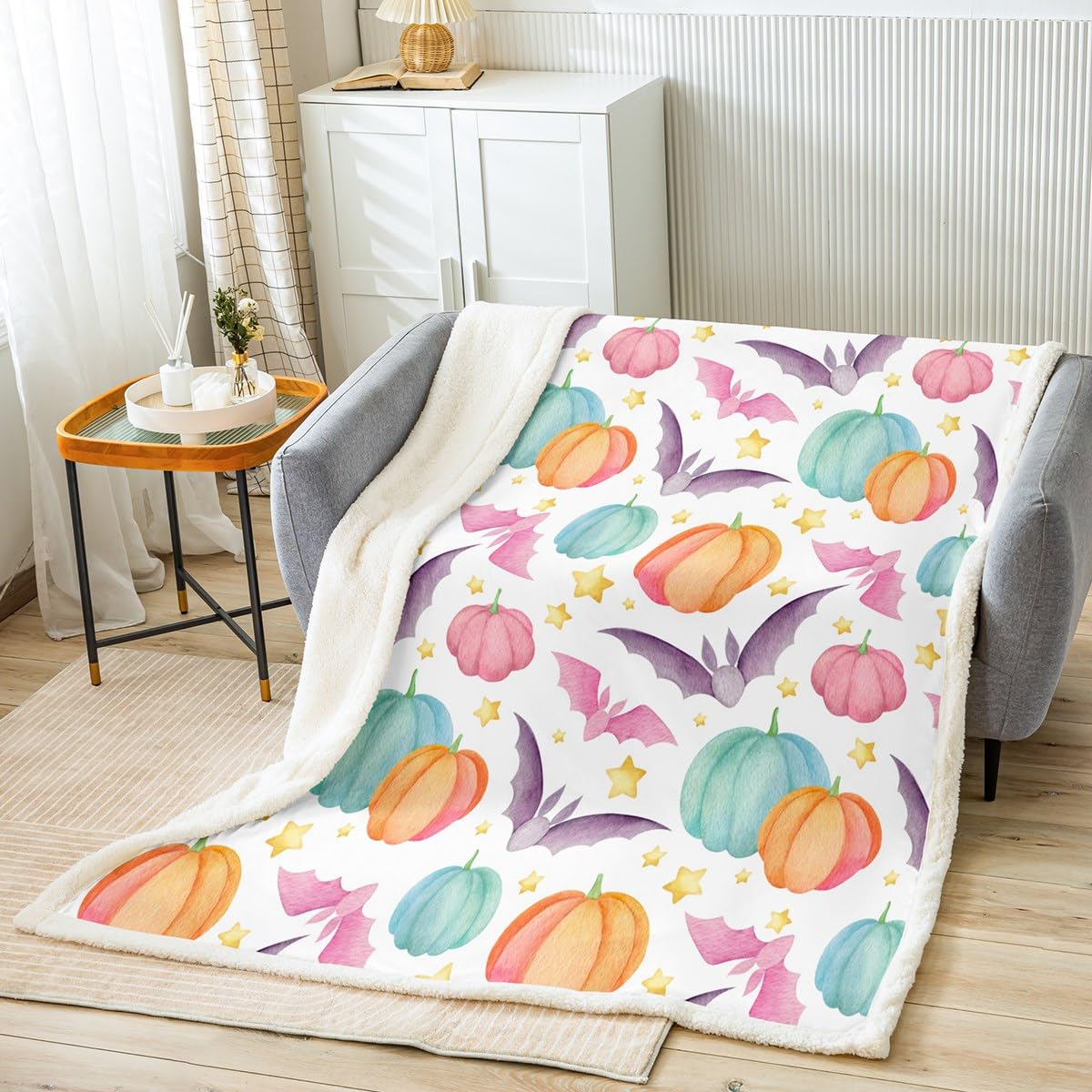 Cartoon Bats Kids Throw Blanket,Pumpkin Starry Sky Cute Bed Blanket for Boys Girls Adults,Happy Halloween Theme Fleece Blanket,Colorful Bright Fuzzy Blanket,Queen Size (90 x 90 Inches)