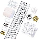 LeZakaa Christmas Wrapping Paper Bundle - Mini Roll with Bow, Ribbon, Sticker and Gift Tag -Silver Metallic Foil Design with Tree/Snowflake/Plaid Print- 17 x 120 inches -3 Rolls(42.5 sq.ft.ttl.)