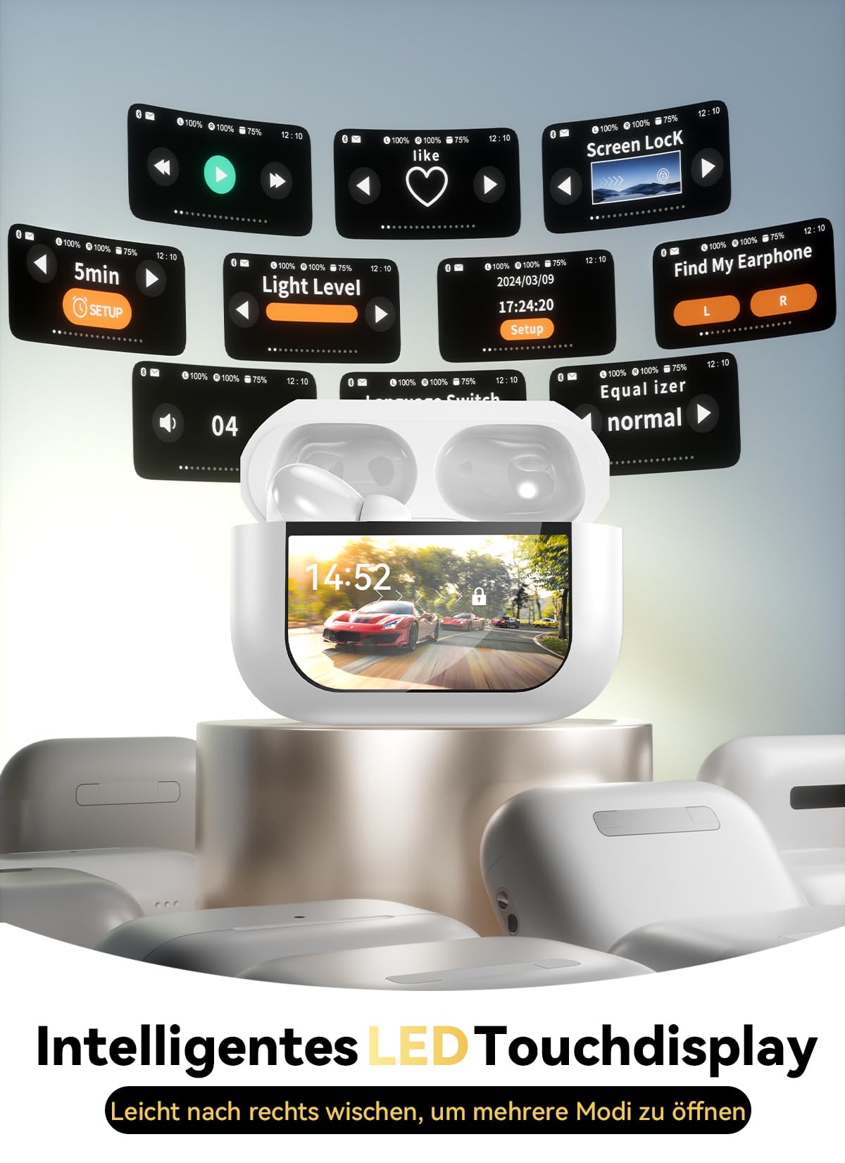 ZZU Kopfhörer Kabellose Bluetooth mit Smart Touchscreen, 48 Std. Laufzeit, Bluetooth 5.4 In-Ear Ohrhörer mit ANC & ENC Geräuschunterdrückung, 5 EQ-Modi, HiFi Stereo, IPX7 Wasserdicht Lachs