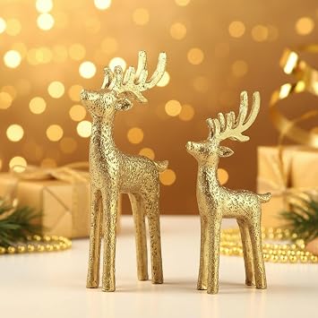 2 Set Modern Christmas Decor Neutral Christmas Reindeer Decor Resin Deer Statues Figurines Elk Statues for Neutral Modern Living Room Bedroom Office Bookshelf Desk OrnamentsGold,Small