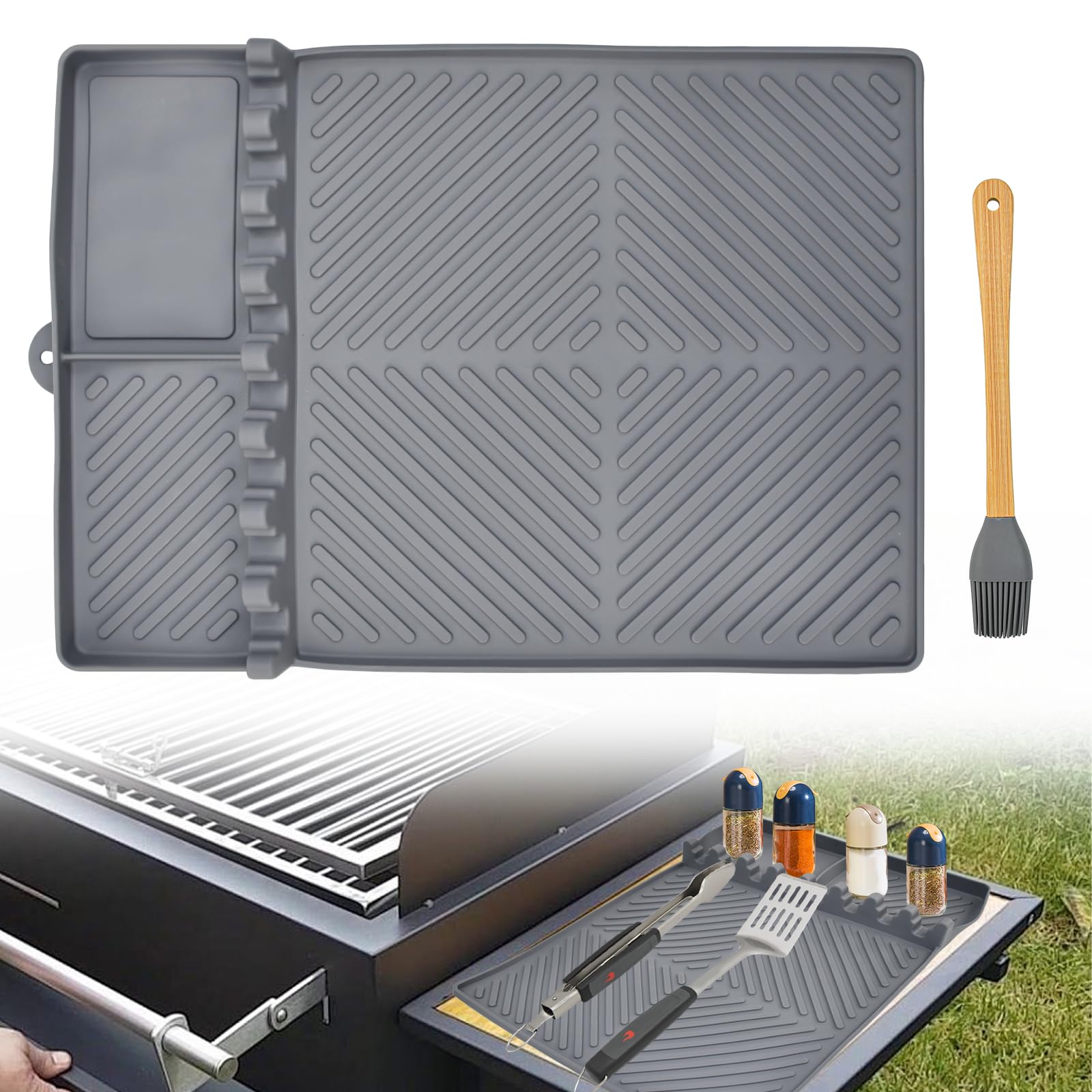 Alfombrilla de Silicona para Parrilla de Barbacoa con 1 Cepillo Tapete de Silicona Alimentaria para Estante Lateral de Barbacoa para Tener Utensilios a Mano y Mantener Ordenado y Limpio