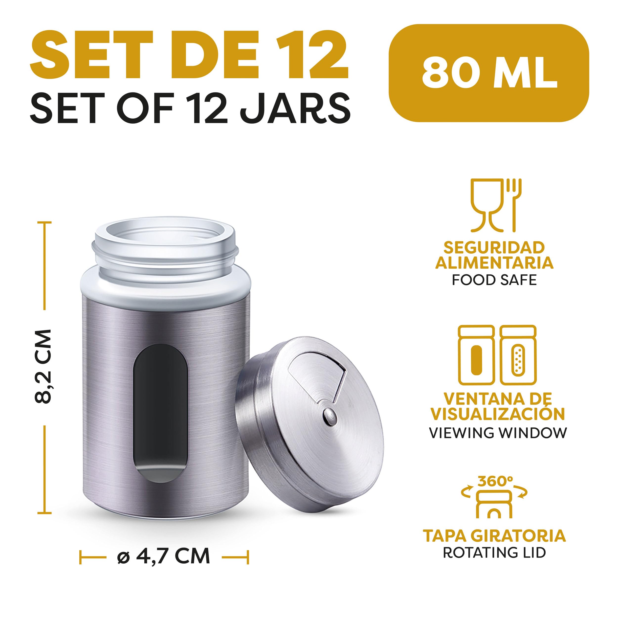 Frascos Espaciarías Acero Inoxidable - 12 Tarros para Especias con 3 Tipos de Dosificadores - Para Especias y Hierbas Aromáticas - Apto para Lavavajillas